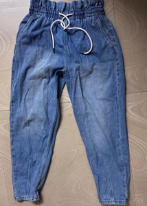 Trendy Blue Drawstring Waist Jeans