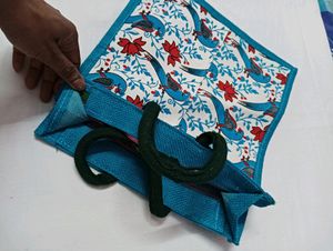 Parrot Printed Jute Shopping Bag With Double Zip..