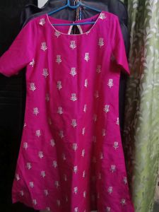 Rose Pink Aline Kurta With Lotus Embroidery