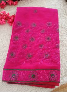Magenta Floral Embroidered Saree With Blouse