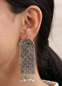 White Beads Oxidised Silver Dangler Earrings