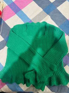 Green Knit Sweater with Ruffles