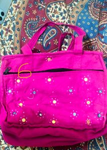 Pink Embroidered Tote Bag