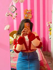 Red &amp; Cream Crochet Patchwork Cardigan