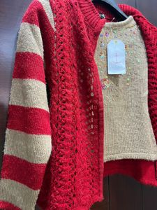 Red &amp; Beige Knitted Cardigan Set