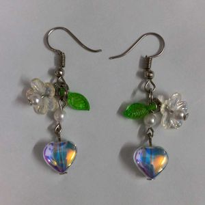 Handmade Shiny Heart Earrings with Flower and Leaf