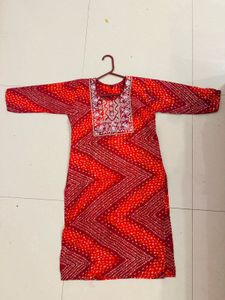 Red Bandhani Kurti with White Embroidery