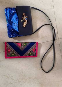 Stylish Blue Sequinsling bag with  embroidered pur
