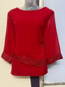 Cottinfab Branded Red Sequence Plus Size Top