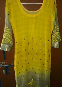 Yellow Kurti with Leaf + Polka Dots Design