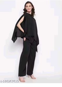 Women Co-ords Black Non stretch Jumpsuits set of 2
