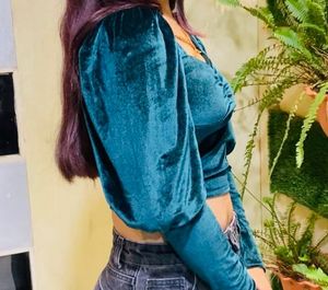 Velvet Puff Sleeve Crop Top