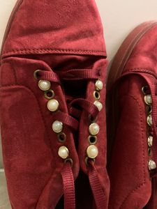 Maroon Velvet With Pearl Design Shoes