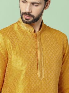 House Of Pataudi Men Mustard Woven Design Kurta