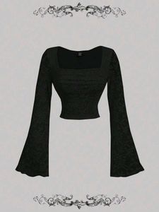 Square Neck Bell Sleeve Sinched Waist Black top