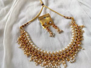 Pretty Pink and White Stone Studded Necklace Set