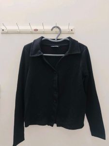 Black Ribbed Button-Down Top