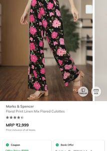 M&amp;S Linen Floral Print Wide Leg Trousers | M size
