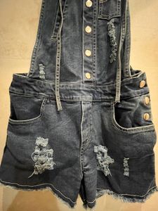 Distressed Denim Short Overalls