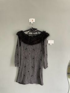 Gray Mini Dress with Faux Fur Collar