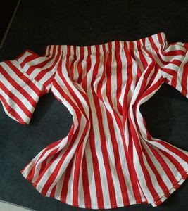 Off Shoulder Blouse With Red And White Stripes
