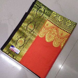 Elegant Orange & Gold Banarasi Silk Satin Saree