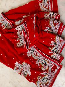 moti work heavy red ♥️ saree with blouse 😍