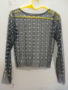 Pearl see through long sleeve mesh top