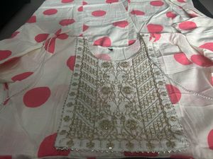New Cream &amp; Pink Embroidered Kurti Set size L