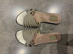 Sparkly Gold Embellished Slides With Pearls.