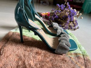 Teal Heels with Rhinestone Bow