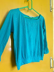 Teal Blue 3/4 Sleeve Embellished Casual Top