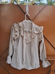 Ruffle Trim Plaid Blouse