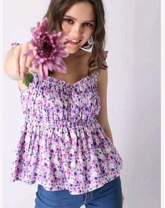 Blue Floral Print Ruffles Smocked Peplum Top