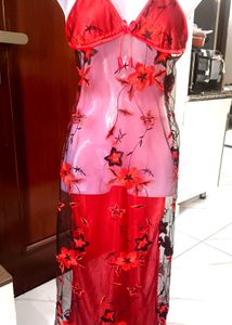 Red Floral slip night dress with satin rob