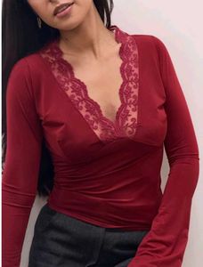 Burgundy Lace Trim Long Sleeve Top