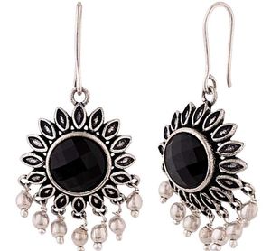 Silver Tone Black Stone Drop Earrings