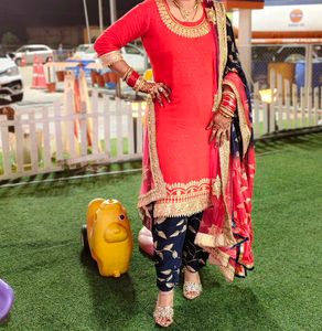 Red &amp; Blue Embroidered Salwar Suit