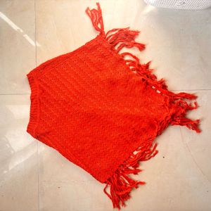 Cozy Orange Knit Poncho with Fringe