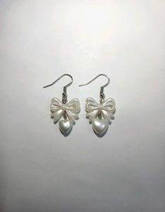 Trendy Handmade Pearl Bow Earrings with Heart