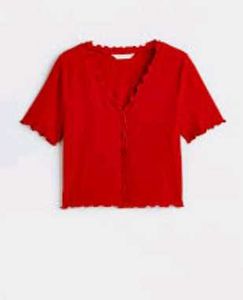 Front Frill Red Button Half Sleeve Top