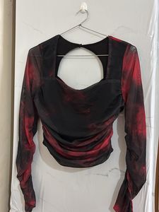 Red &amp; Black Mesh Long Sleeve Top