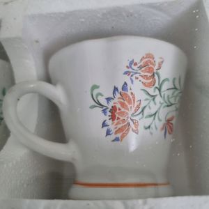 White Ceramic Cup Double Flower Design - Pack Of 6