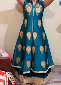 Teal &amp; Gold Embroidered Anarkali