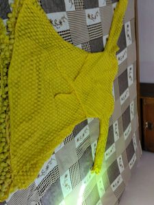 Yellow Colour Lace Dress With Pompom