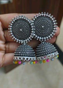 Oxidized Jhumka Earrings with Colorful Beads