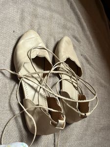 Beige Scalloped Lace-Up Flats