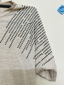 Beige Embellished Tie-Front Tee