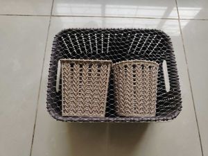New Set Of Three Plastic Baskets Brown Beige