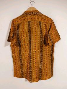 Yellow and Brown Ikat Print Half Sleeve Button Dow